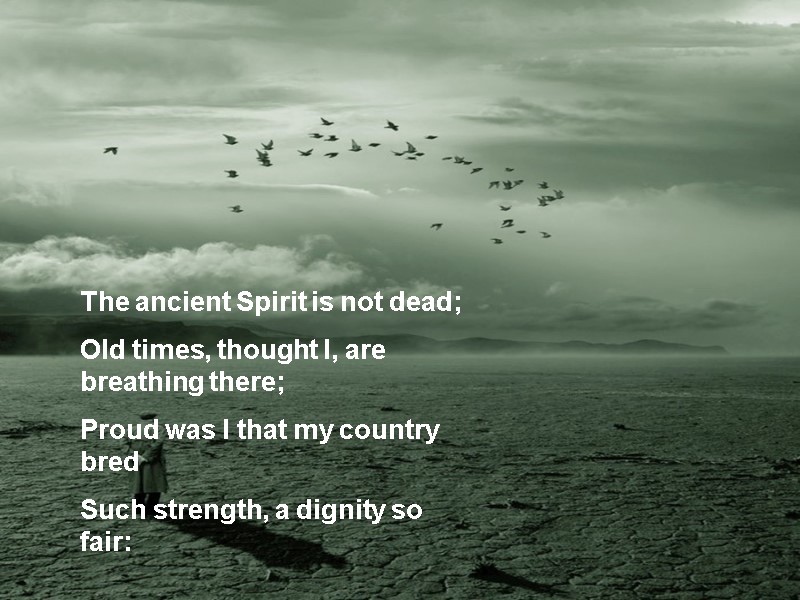 The ancient Spirit is not dead; Old times, thought I, are breathing there; Proud